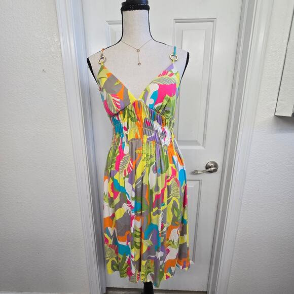 Trina Turk Sundress Tropical Print Midi Dress Sz S Resort Vacation Babydoll - Picture 2 of 7